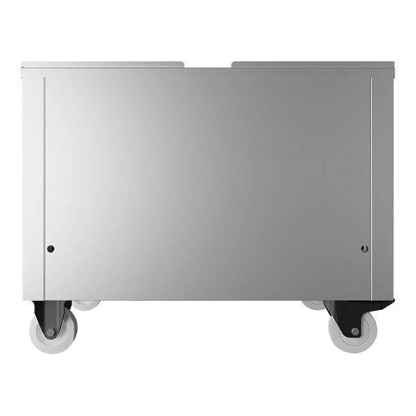A stainless steel cart with a storage cabinet and caster wheels designed for countertop machines.