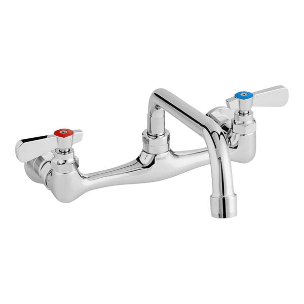 A chrome wall mounted swing spout swivel faucet with two handles and two faucets.