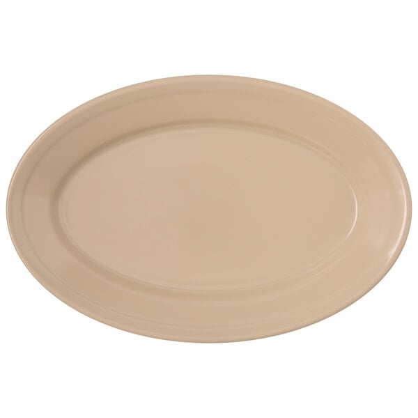 A tan oval melamine platter with a wide rim.