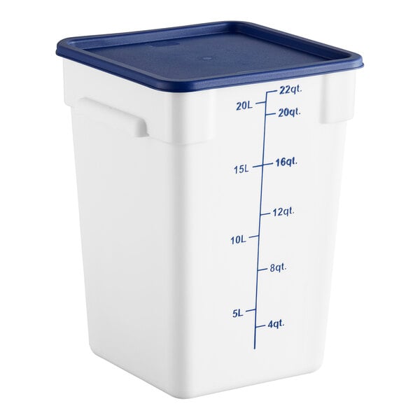 A white 22-quart square polypropylene food storage container with a blue lid and measurement markings on the side.
