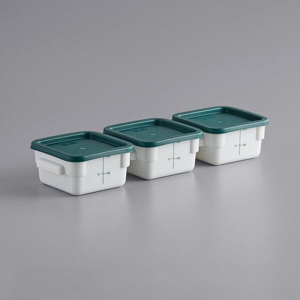 Choice 2 Qt. White Square Polypropylene Food Storage Container and Green Lid 3/Pack