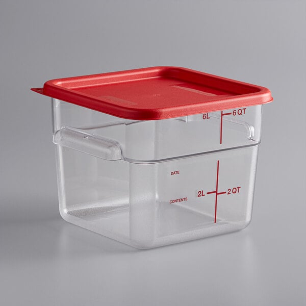 Vigor 6 Qt. Clear Square Polycarbonate Food Storage Container and Red Lid