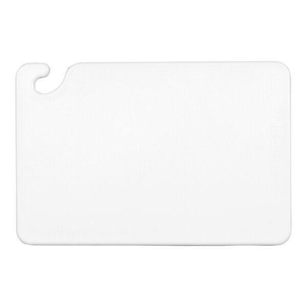 A white rectangular San Jamar cutting board with a hook.