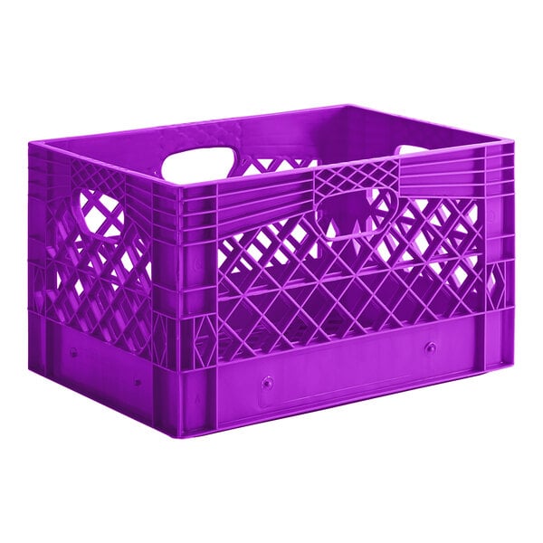 A violet plastic rectangular milk crate with handles.