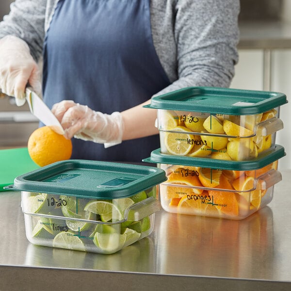 Vigor 2 Qt. Clear Square Polycarbonate Food Storage Container and Green Lid 3/Pack