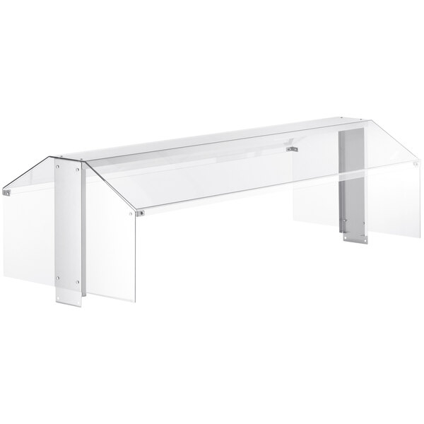 A clear plastic box with a clear top on a counter over an Avantco cold food table.