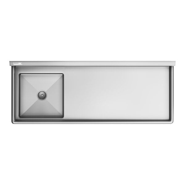 A stainless steel dishtable with a left drainboard and sink.