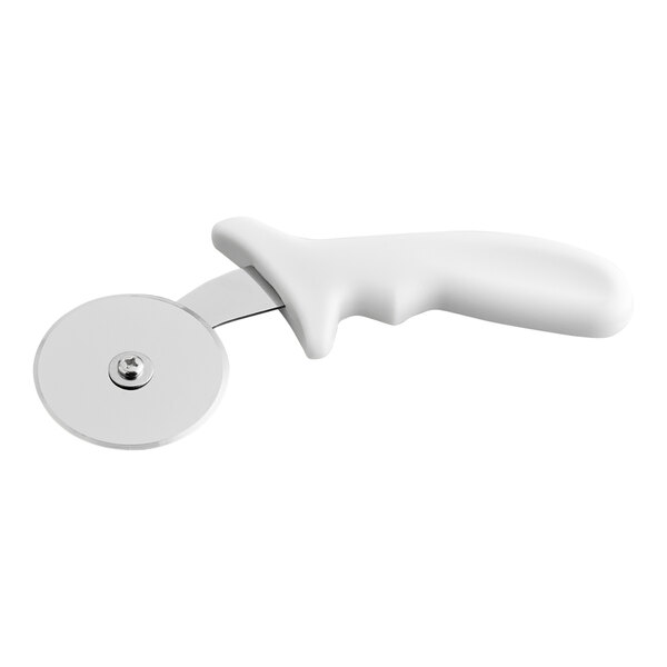 A pizza cutter with a 2 1/2 inch stainless steel blade and a white handle.