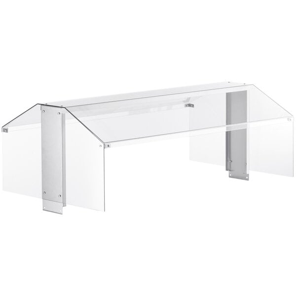 A clear plastic canopy with metal legs on a refrigerated table.