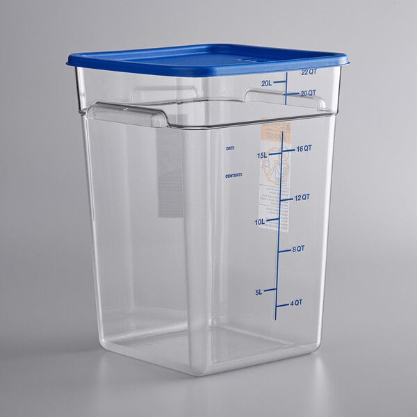 A Vigor clear plastic container with a blue lid.