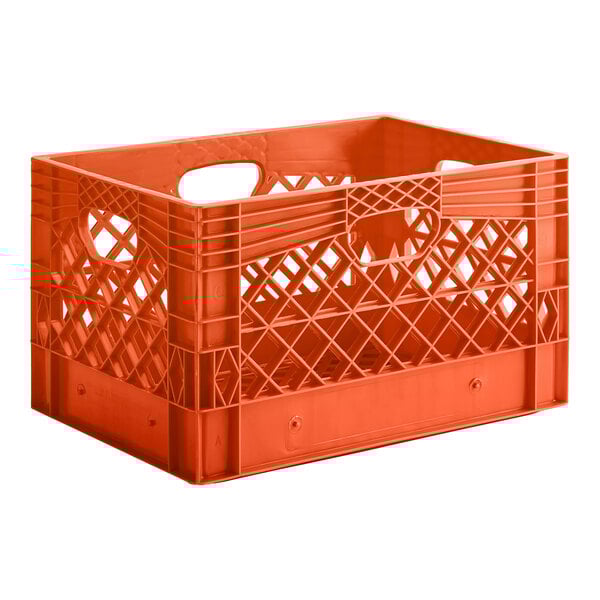 An orange plastic rectangular milk crate with handles.