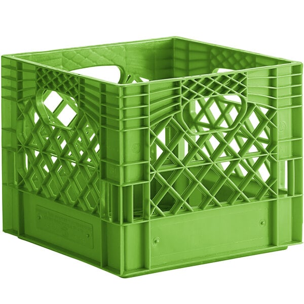 a green plastic crate with holes