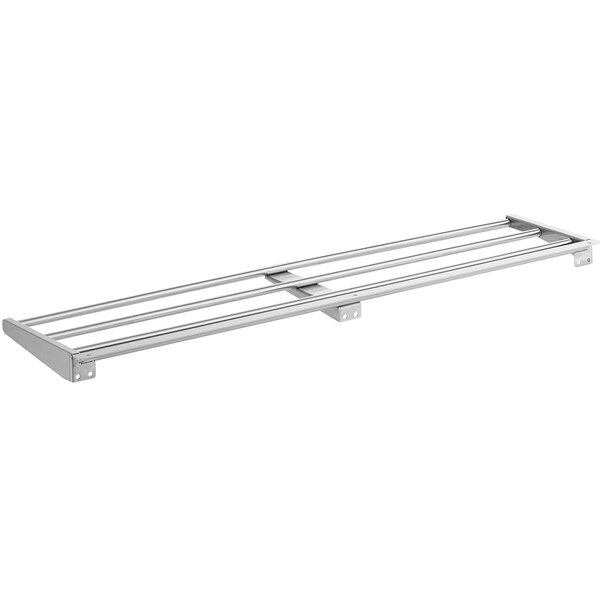 A stainless steel rack with four metal bars.