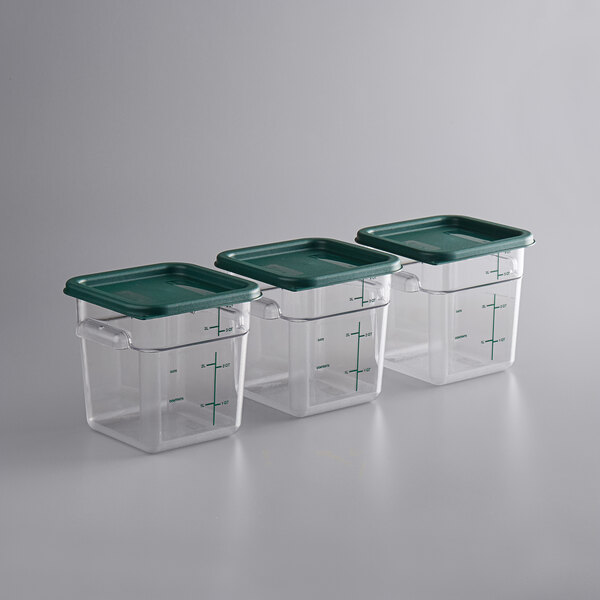 Vigor 4 Qt. Clear Square Polycarbonate Food Storage Container and Green Lid  - 3/Pack