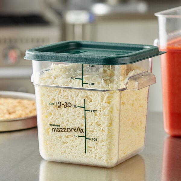 Vigor 4 Qt. Clear Square Polycarbonate Food Storage Container and Green Lid  - 6/Pack