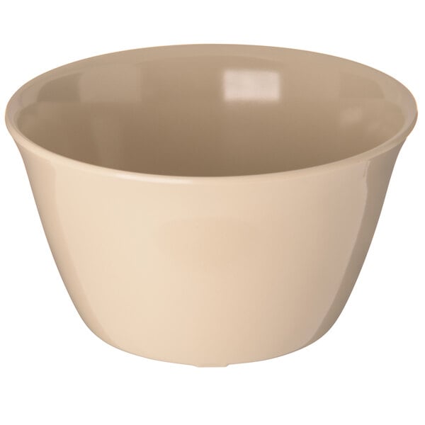 A tan Carlisle melamine bouillon cup on a white background.