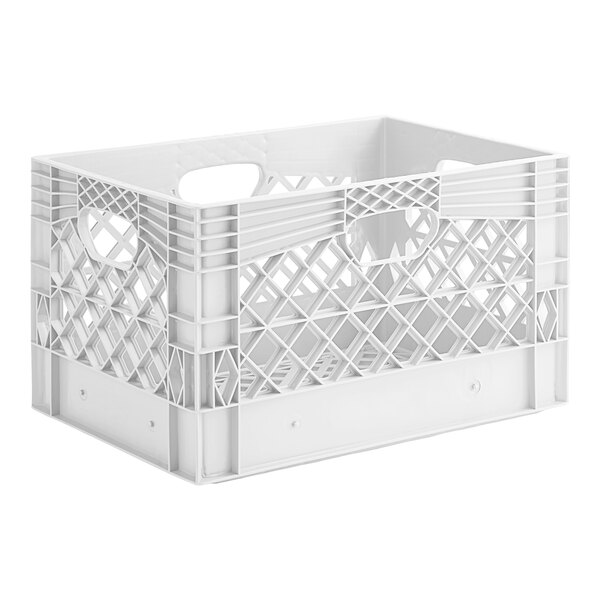 A white rectangular plastic milk crate with handles.