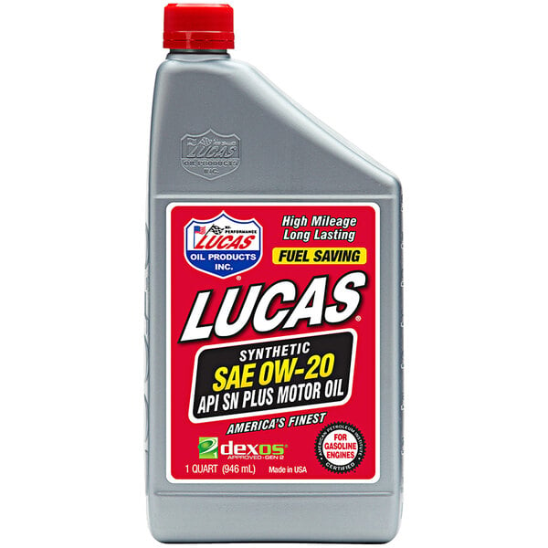 A grey plastic container of Lucas Oil Synthetic SAE 10W-30 Motor Oil with red and white labels.