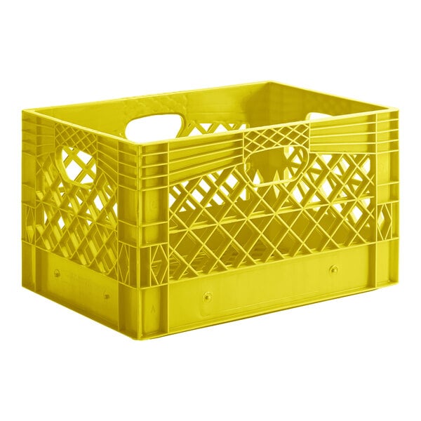 A yellow plastic rectangular milk crate with handles.