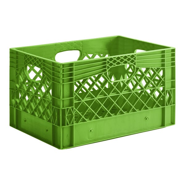 A lime green plastic rectangular milk crate with handles.