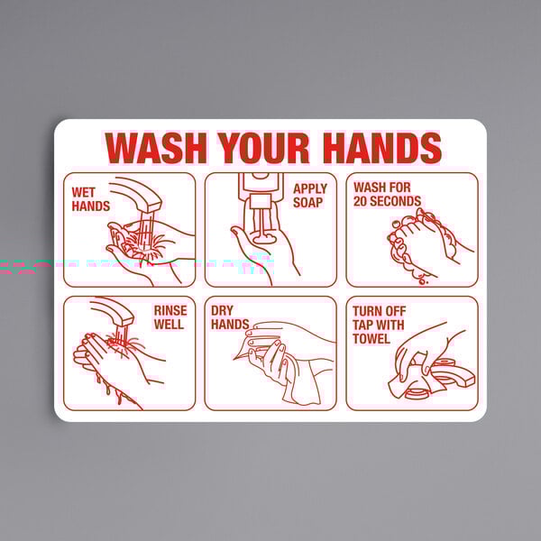 A red and white aluminum sign for a restaurant counter with symbols showing how to wash your hands.