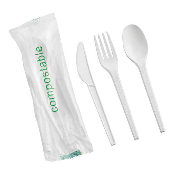 EcoChoice Wrapped Heavy Weight Compostable 6 1/2" White CPLA Knife, Fork, and Spoon - 250/Case