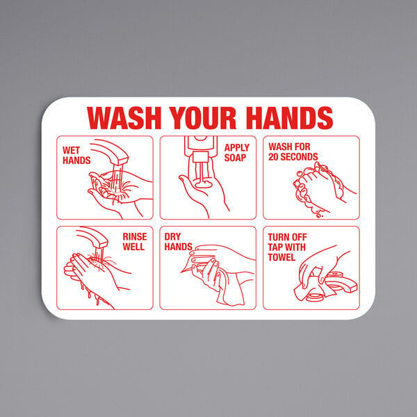 A red and white aluminum sign that says "Wash Your Hands" with symbols for instructions.