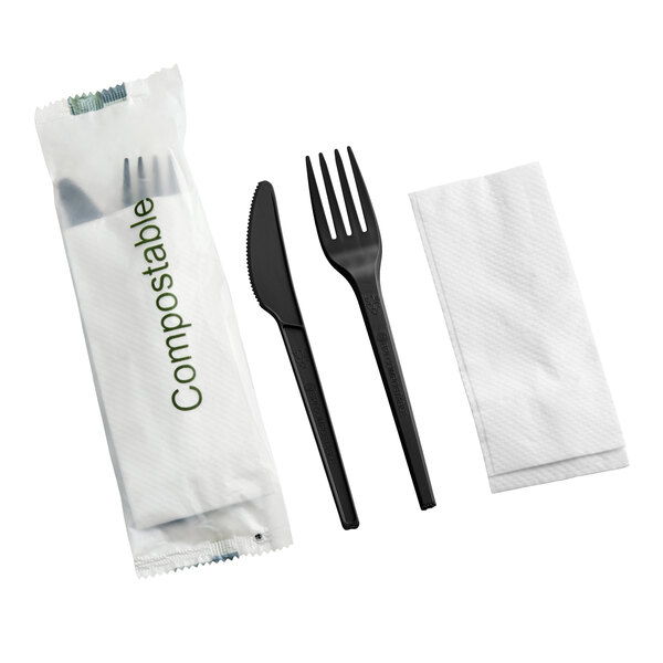 EcoChoice Wrapped Heavy Weight 6 1/2" Black CPLA Knife, Fork, and Napkin - 250/Case