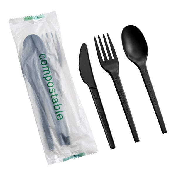 EcoChoice Wrapped Heavy Weight 6 1/2" Black CPLA Knife, Fork, and Spoon - 250/Case