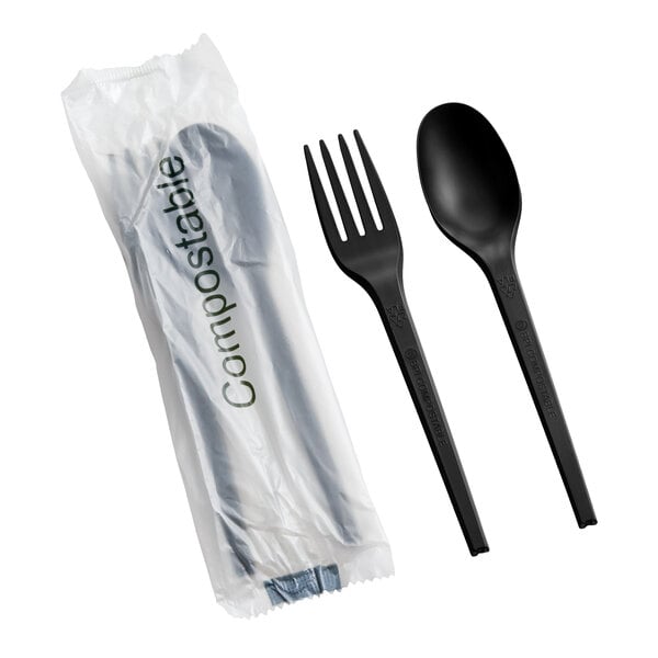 EcoChoice Wrapped Heavy Weight 6 1/2" Black CPLA Spoon and Fork - 250/Case