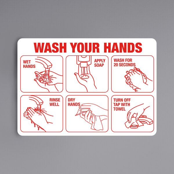 A red and white reflective decal with a diagram showing how to wash your hands.