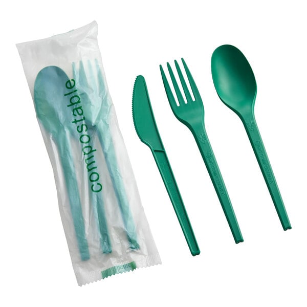 EcoChoice Wrapped Heavy Weight 6 1/2" Green CPLA Knife, Fork, and Spoon - 250/Case