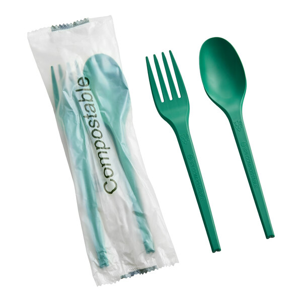EcoChoice Wrapped Heavy Weight 6 1/2" Green CPLA Spoon and Fork - 250/Case