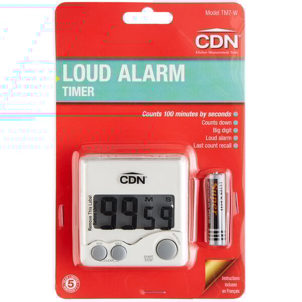 A white and red CDN TM7-W digital kitchen timer in packaging.