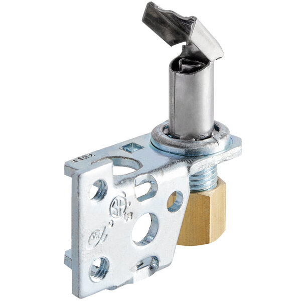 A metal pilot burner with a screw on the side.