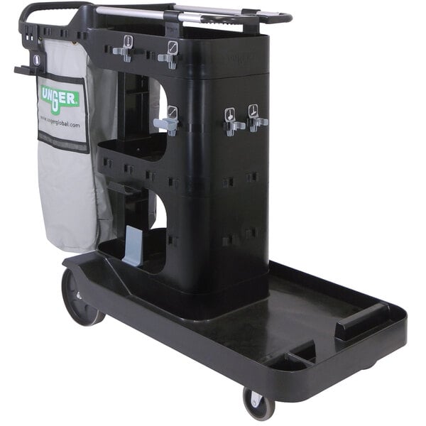 A black Unger RestroomRx janitor cart with a white bag on it.