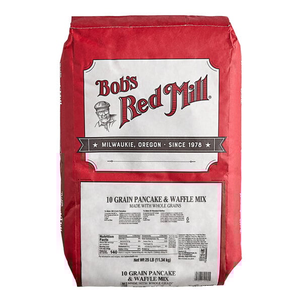A 25-pound bag of Bob's Red Mill 10-Grain Pancake and Waffle Mix.