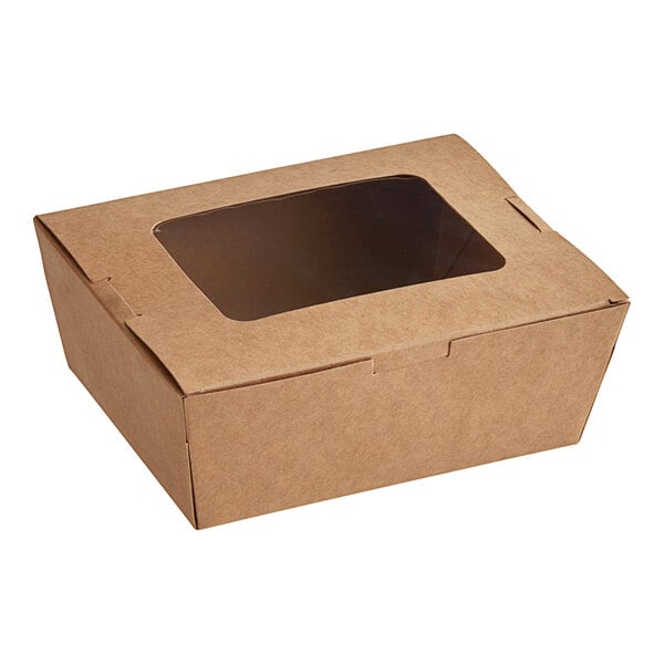 A brown rectangular Kraft paper take-out box with a window.