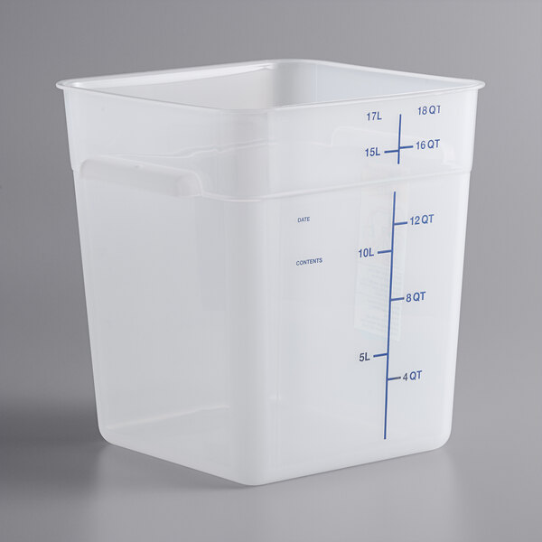 A Vigor translucent square plastic food storage container with blue writing.