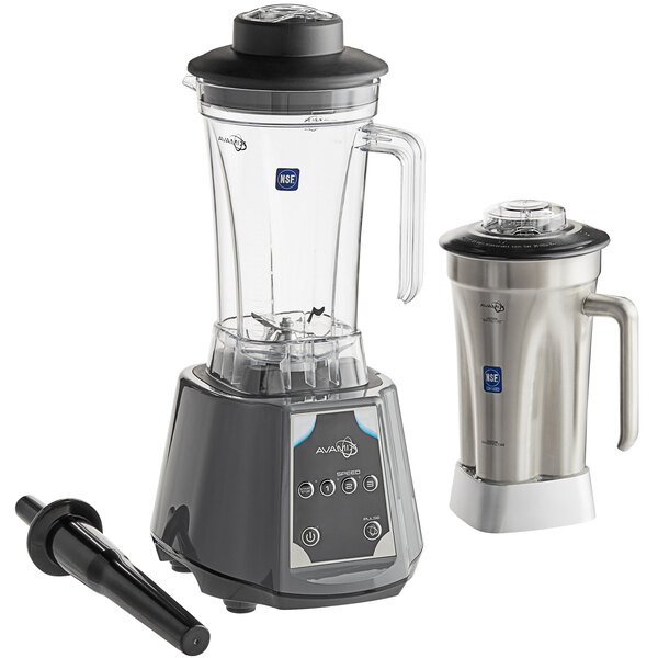 An AvaMix commercial blender next to a container.