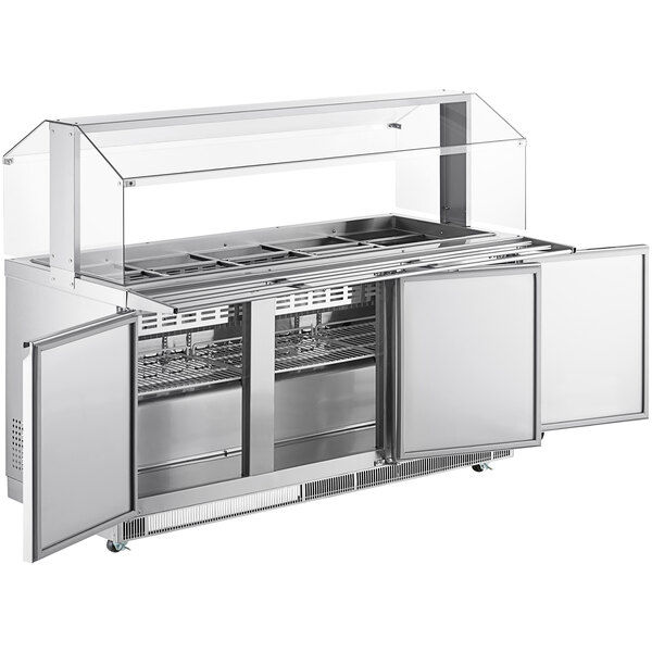 An Avantco stainless steel refrigerated salad bar on a counter.
