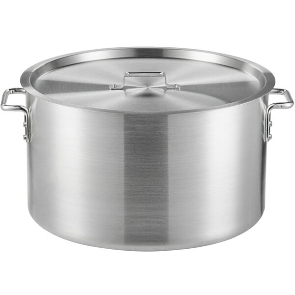 A Choice aluminum sauce pot with a lid.