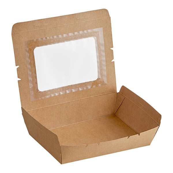 A brown cardboard box with a clear plastic window.