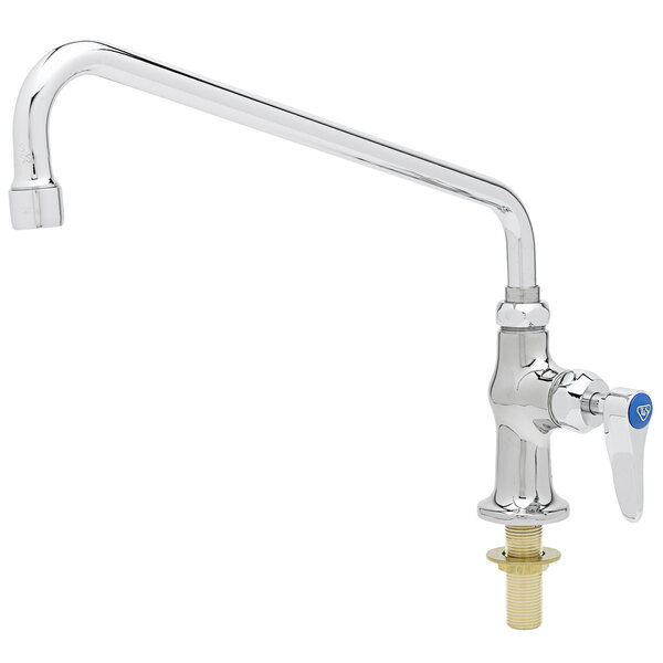 A silver T&S deck-mounted faucet with a blue handle.