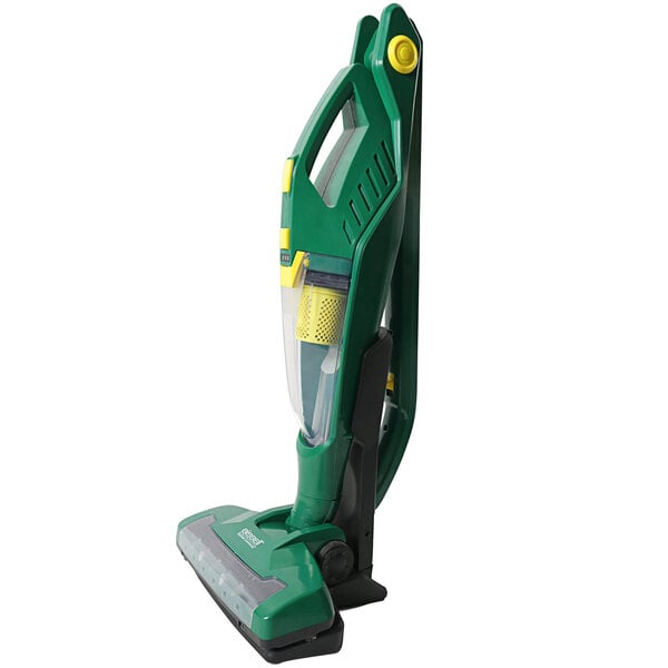 A close-up of a green and yellow Bissell 2-in-1 Battery-Operated Dual Motor Vacuum cleaner.