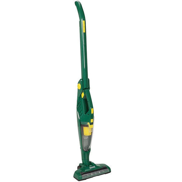 A green Bissell upright and handheld vacuum cleaner with yellow accents.