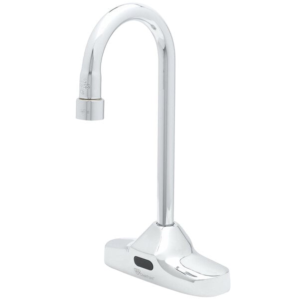A chrome T&S hands-free sensor faucet with a gooseneck spout.