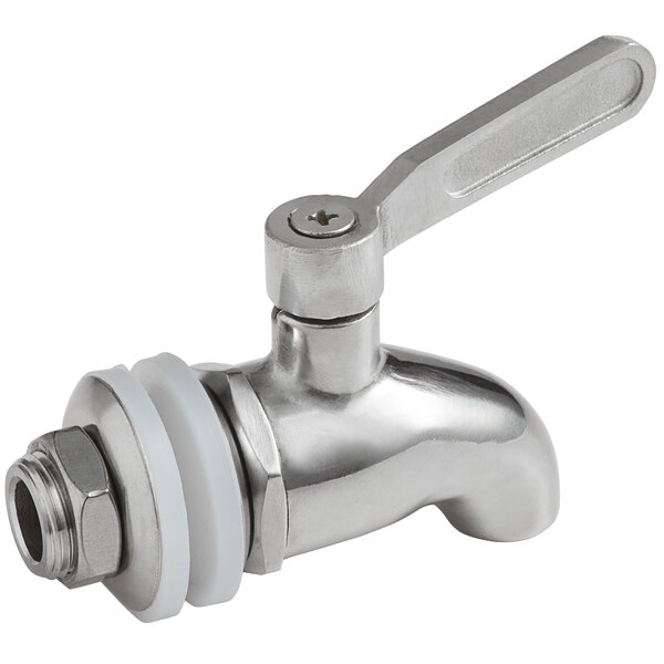 a silver faucet with a white rubber seal