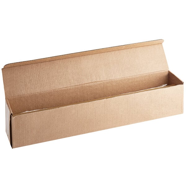 A brown cardboard box with a lid open.