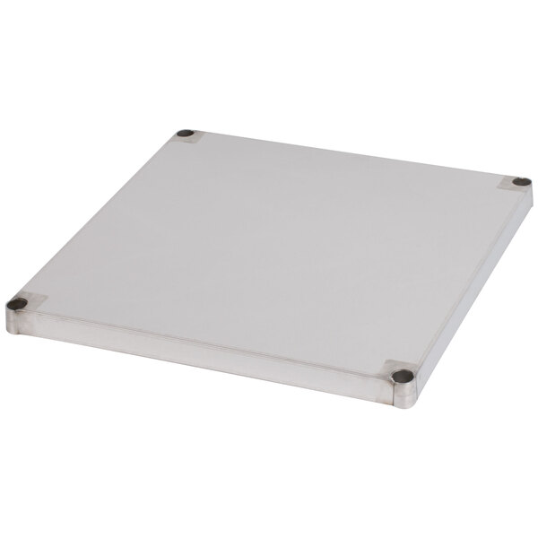 A white square object with metal corners, the Advance Tabco SH-2424 Solid Stainless Steel Shelf.